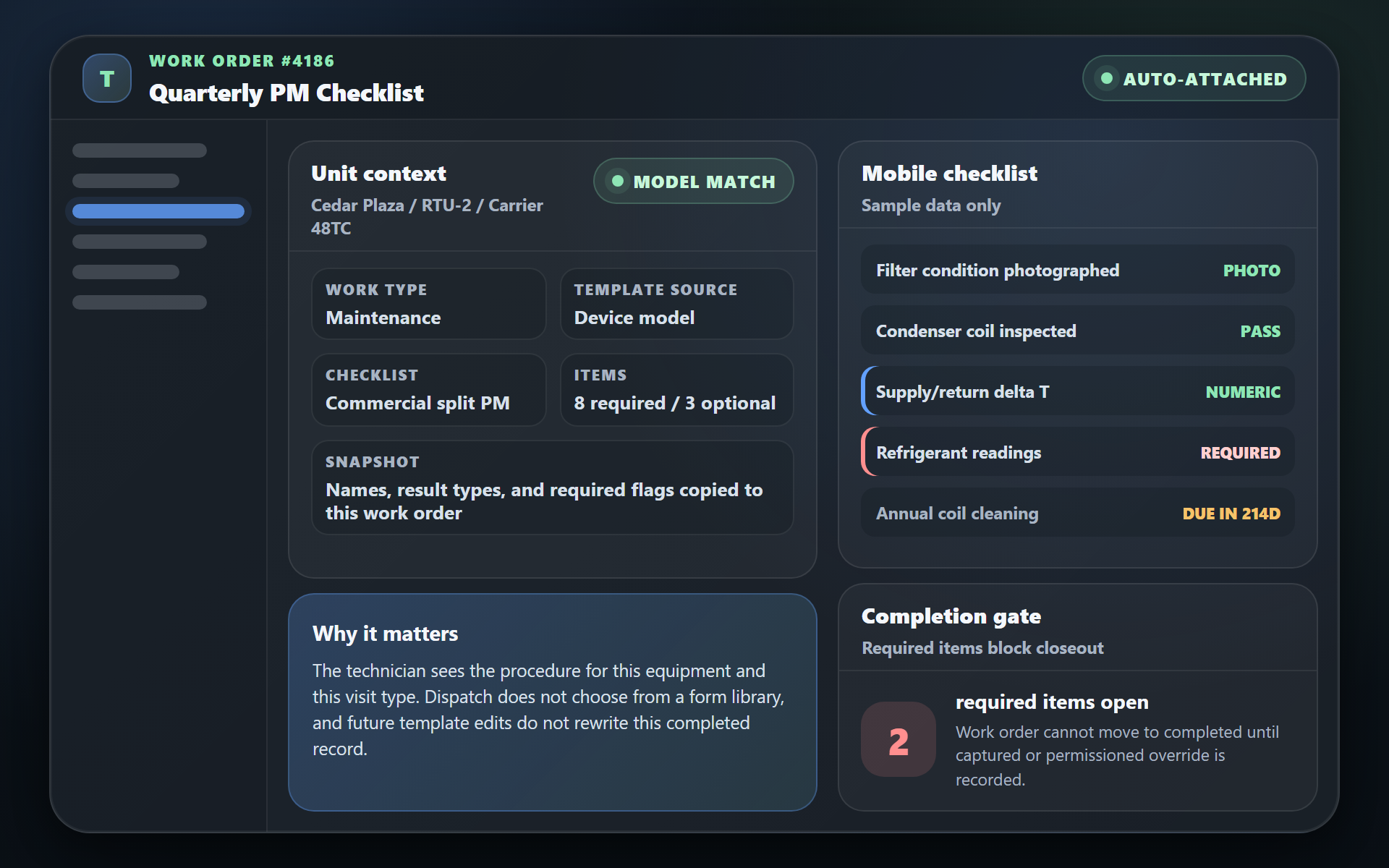 Sample TuffOps work order showing a maintenance checklist auto-attached from device model context, with required checklist items blocking completion