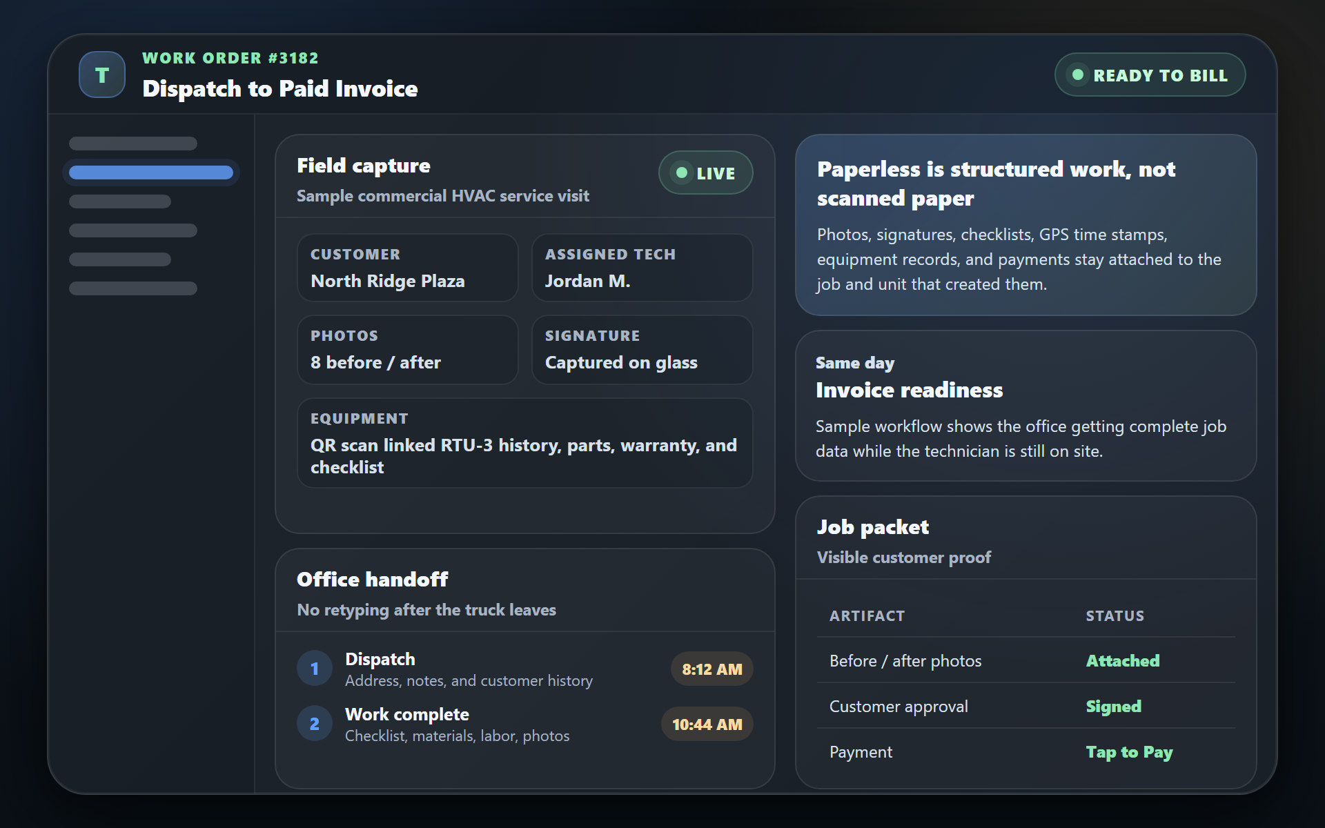 Sample TuffOps paperless field workflow showing work order details, photos, signature, invoice readiness, and payment status