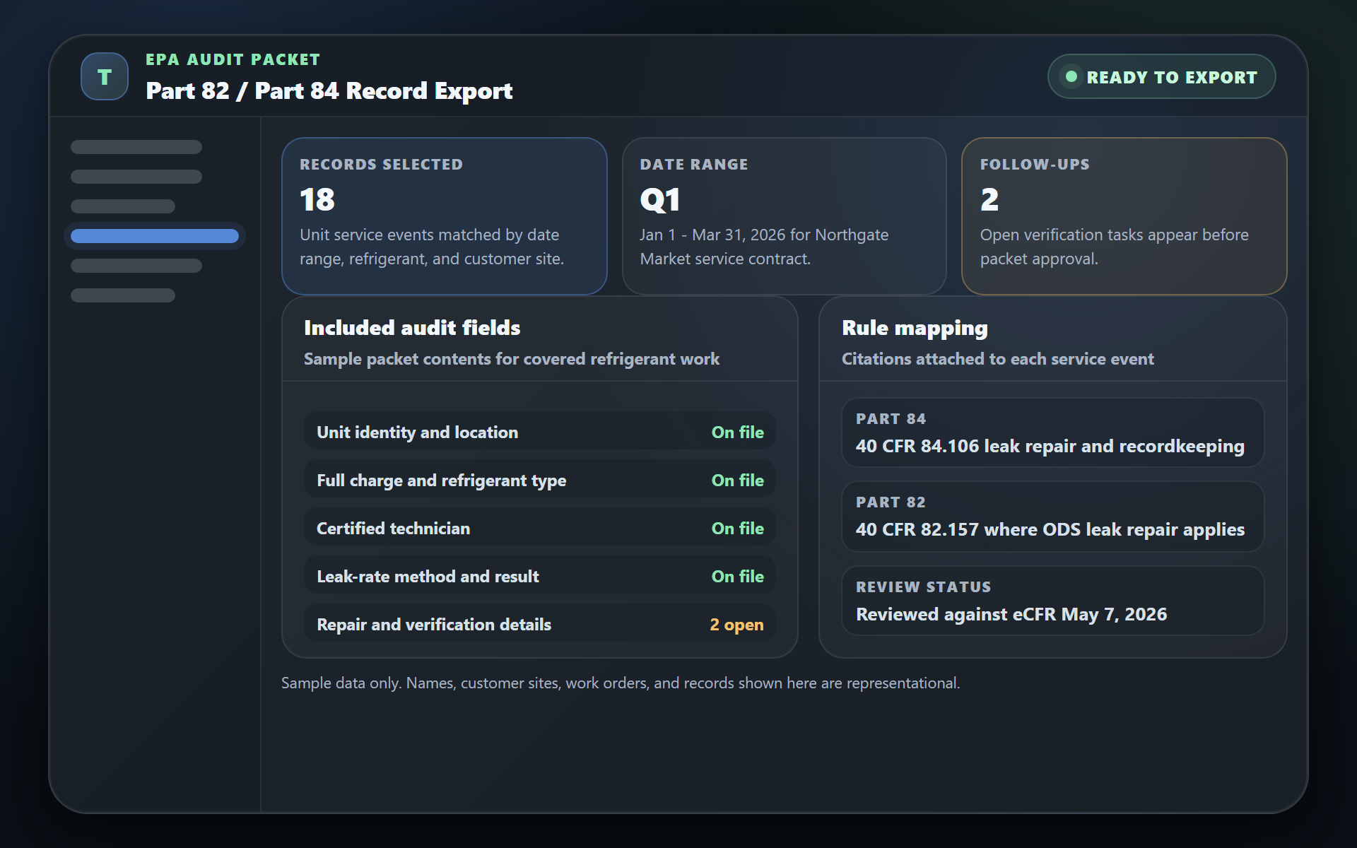 Sample TuffOps EPA audit packet showing selected refrigerant records, included audit fields, Part 82 and Part 84 rule mapping, and review status
