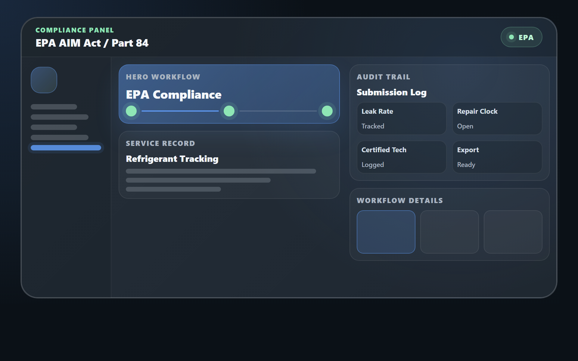 TuffOps EPA AIM Act and Part 84 compliance workflow showing refrigerant tracking, repair deadlines, verification status, and submission log records.