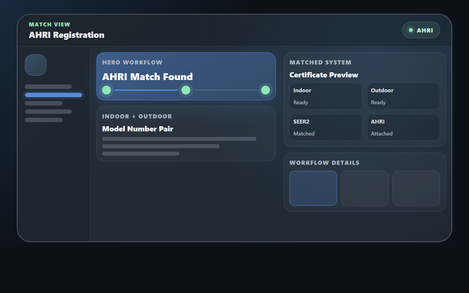 TuffOps AHRI matching workflow showing linked HVAC equipment, certificate readiness, and warranty packet status.