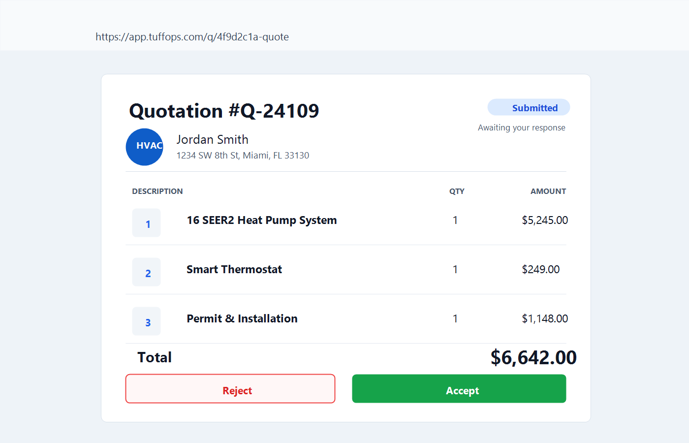 Customer-facing TuffOps quotation page with sample HVAC line items, total price, and accept or reject actions