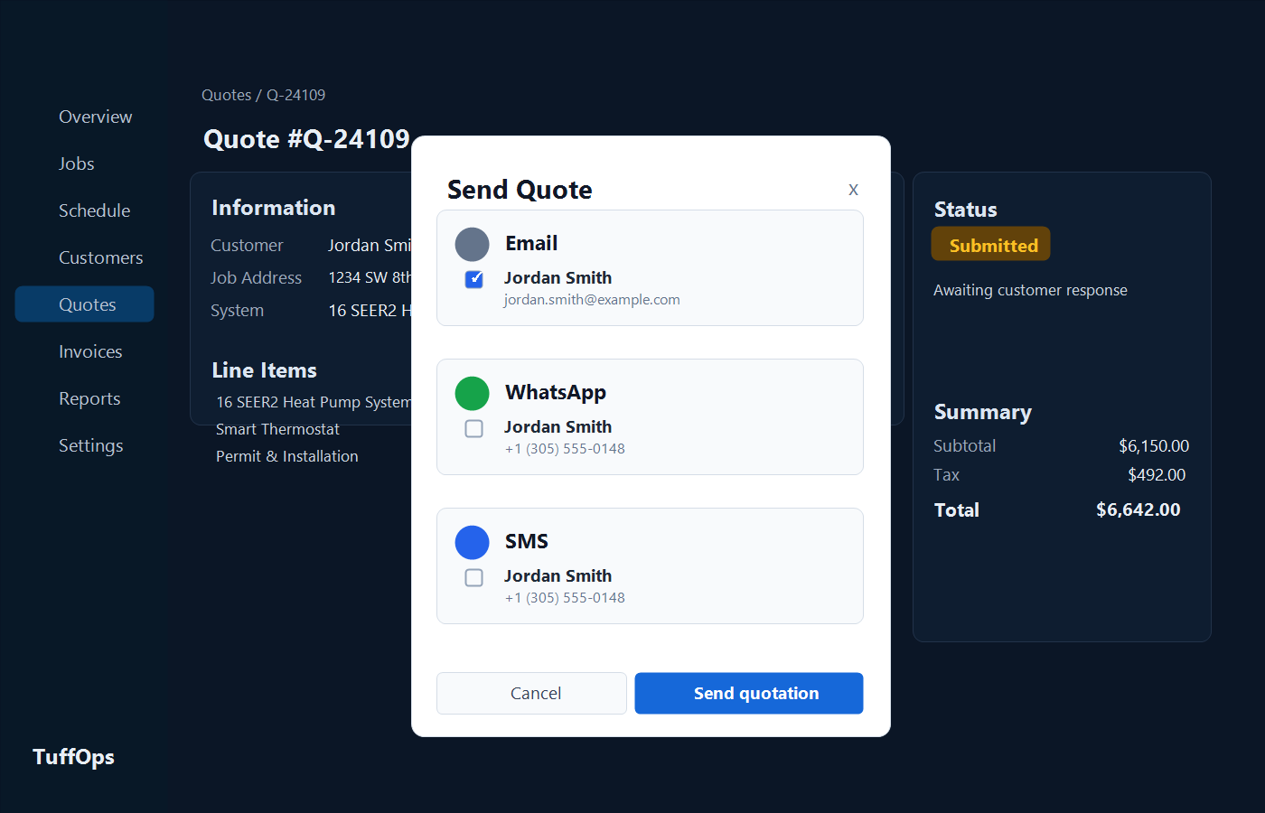 Sample TuffOps quote send modal showing Email, WhatsApp, and SMS delivery options for an HVAC customer
