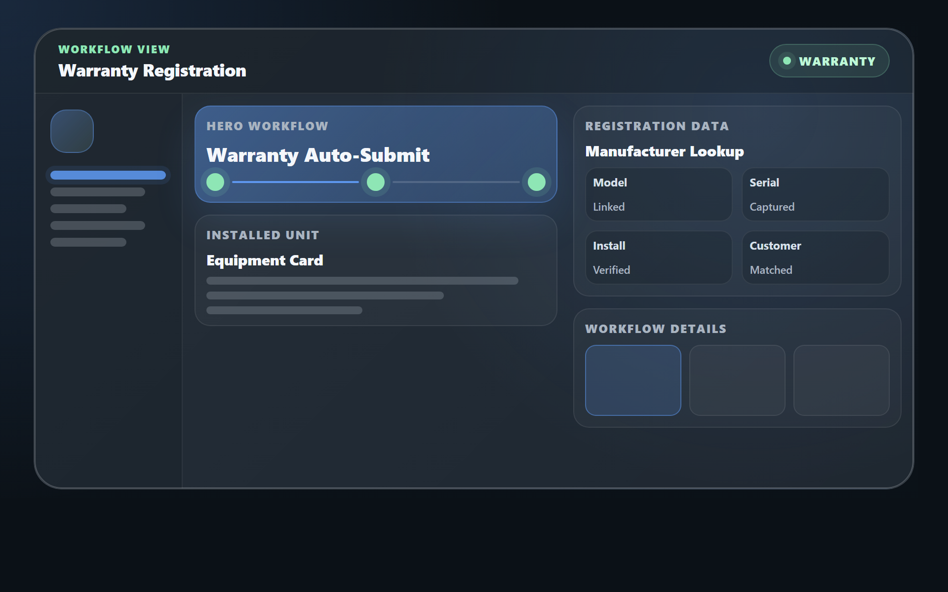TuffOps warranty registration workflow showing equipment details, manufacturer lookup, and warranty auto-submit status.